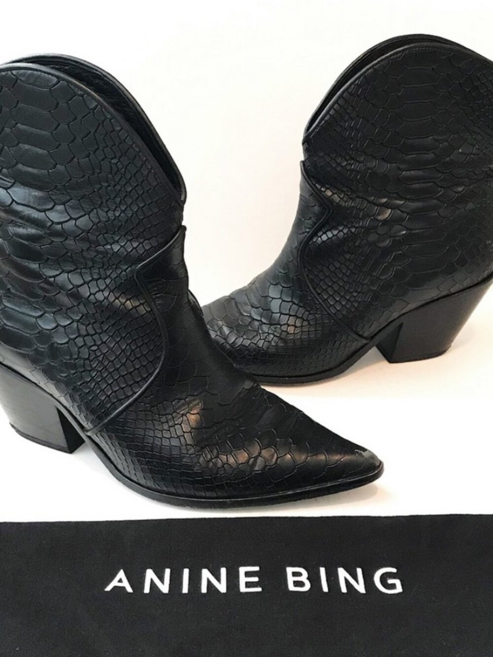 ANINE BING Croc-embossed Cowgirl Easton Boots Black EU 36 US 6